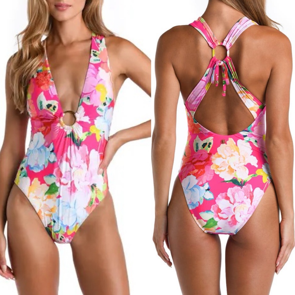 NWT Pink Floral Plunge Neck One-Piece Swimsuit TROPICAL VACATION